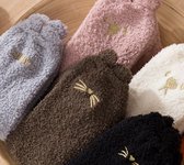 Fluffy warme sokken dames - 3 paar - huissokken - roze - grijs -  bruin - print kat met oortjes - 36-40 - winter sokken - dikke sokken