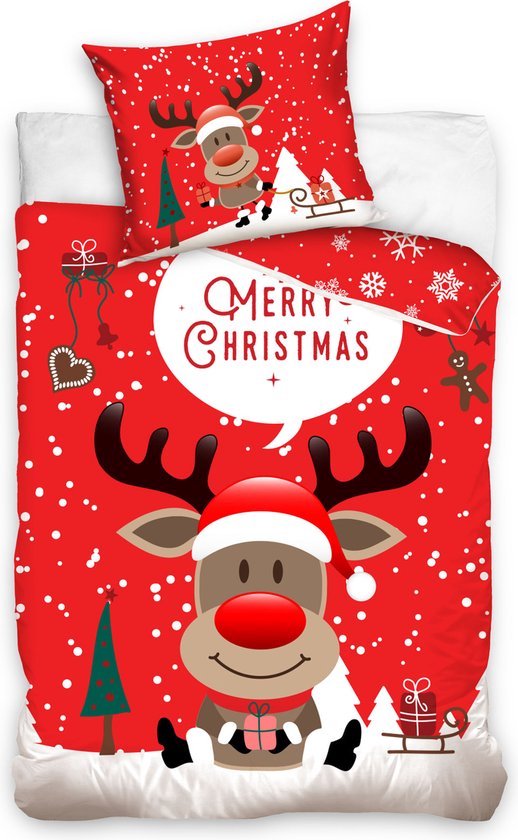 1-persoons kinder dekbedovertrek (dekbed hoes) rood – wit “Merry Christmas”  KERSTMIS... | bol.com