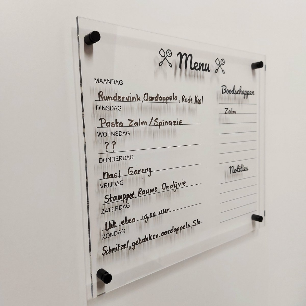 Menuplanner 40x35 cm - Acryl - Nederlands - Inclusief stift en montagemateriaal. Uitwisbaar en herschrijfbaar - transparant - Memobord / Planbord / Whiteboard