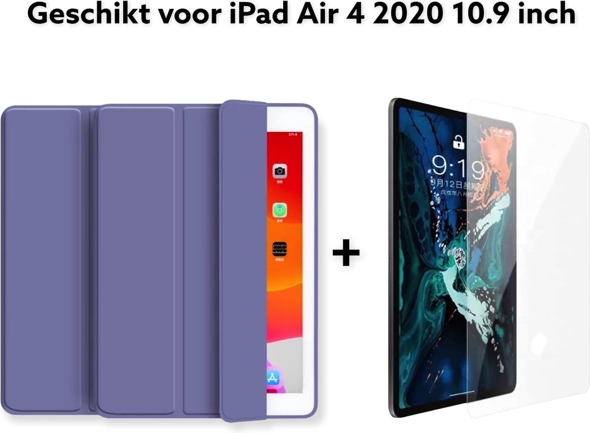 Ipad Air 4 2020 10.9 inch hoesje smart cover +screen protector tempert glass paars