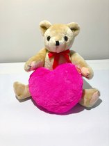 Knuffel beer met hart valentijn fuchsia roze | knuffelbeer | Pluche | vintage | retro | beer | teddybeer | stijf lijf | hard | licht bruin