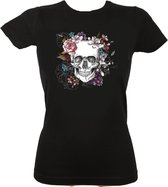 Dames T-Shirt - Casual T-Shirt - Fun T-Shirt - Fun Tekst - Lifestyle T-Shirt - Doodskop - Bloemen - Mode - Fashion - Skelet - Skull Flowers - Zwart - Maat S