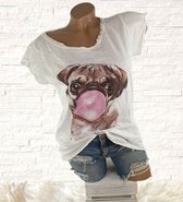 Trendy vintage dames zomer t-shirt van 100% katoen wit met print mops hond Made in Italy maat 34 36 XS S