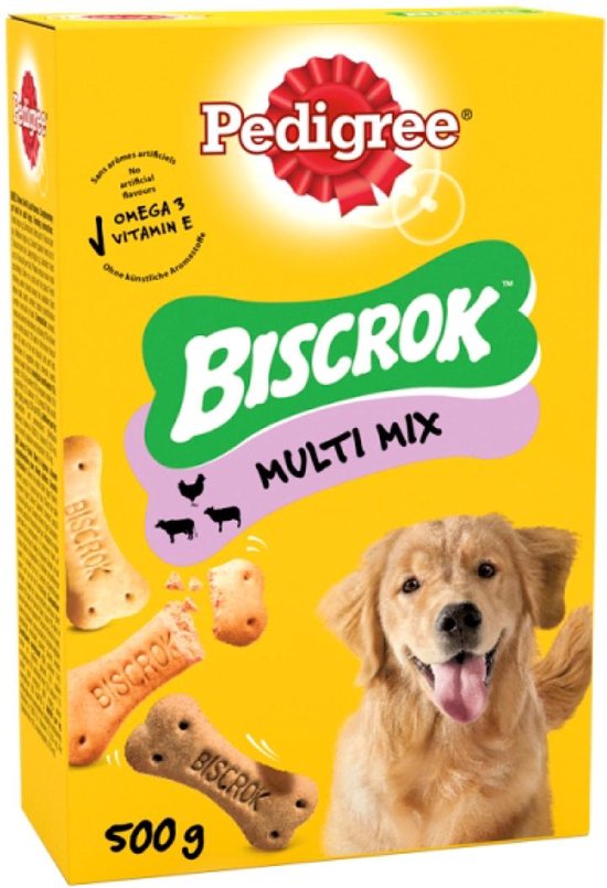 Pedigree Biscrok Multi Mix hondenkoekjes met kip, rund en merg, 500g verpakking.