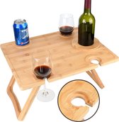 Wijntafeltje - Dienblad Rechthoek - picknick tafeltje - 100% Bamboe - Serveer Plank Op Uitklapbare Pootjes Met Magneetjes - Wijnrek - Hout