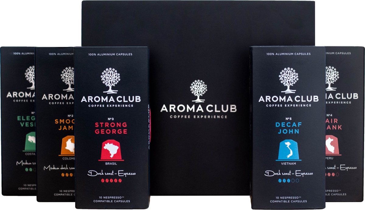 Aroma Club - Deluxe Proefpakket Nespresso Compatible Capsules (100 st.) incl. Presentatiekist - 5 smaken - Espresso & Lungo - 100% Aluminium Koffiecups