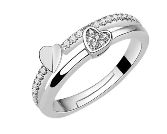 Ring dames | dubbele ring | zilveren ring dames | zirkonia steentjes | hartjes ring | zilver 925 | one size ring | verstelbare ring | cadeau voor vrouw | liefdescadeau | valentijn | valentijnscadeautje