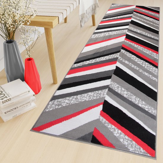 Tapiso Maya Tapis De Coureur Grijs Zwart Rouge Couloir Moderne Salon Couloir Taille-100x100