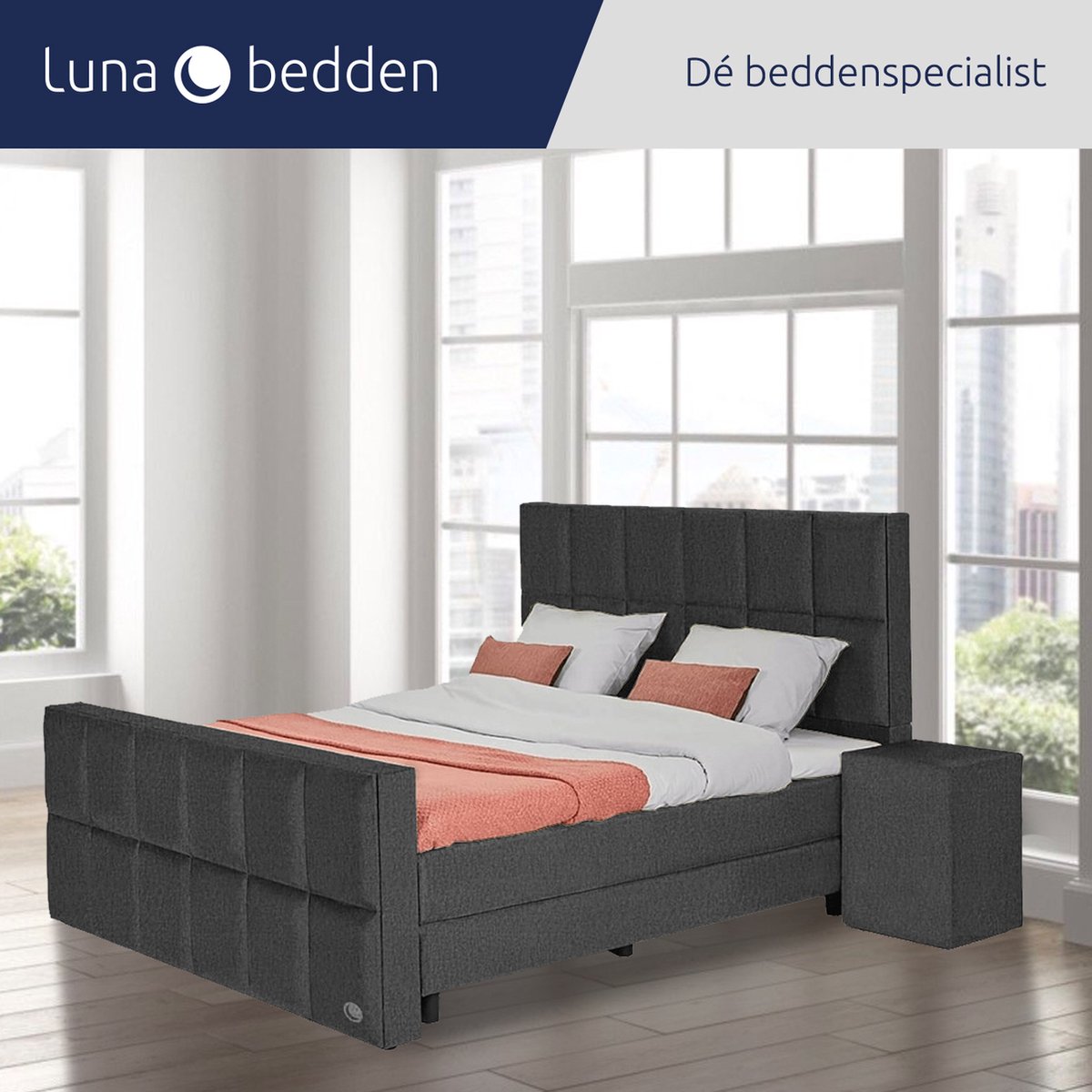 Luna Bedden - Boxspring Skye - 200x200 Compleet Antraciet 12 Vakken Bed