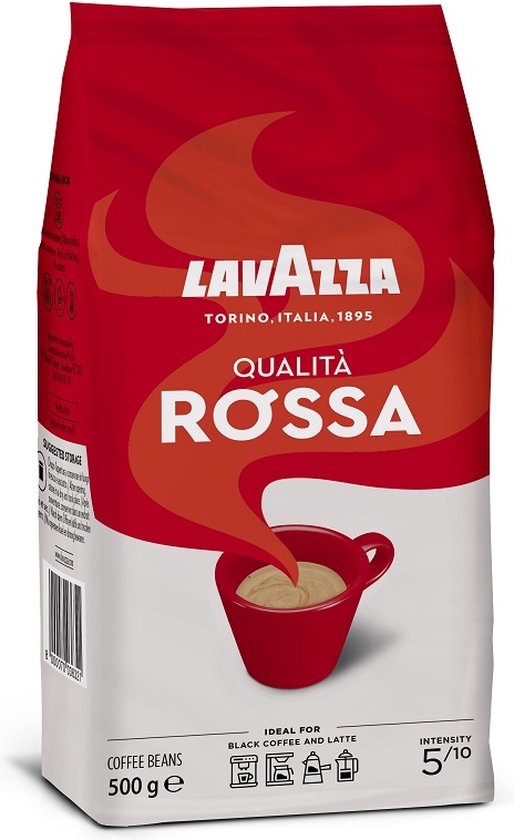 Lavazza Qualità Rossa koffiezak van 500 gram. Rood met witte opdruk en een afbeelding van een mok koffie.