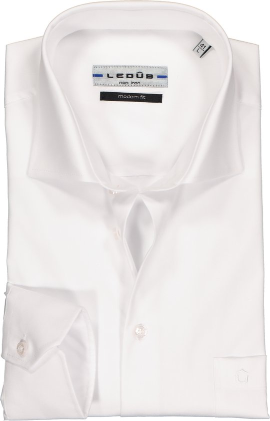Ledub modern fit overhemd - mouwlengte 7 - wit twill - Strijkvrij - Boordmaat: 41
