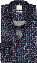 OLYMP Luxor comfort fit overhemd - blauw met bordeaux bladeren dessin - Strijkvrij - Boordmaat: 45