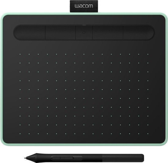Pistache Wacom tekentablet met stylus en vier programmeerbare knoppen.