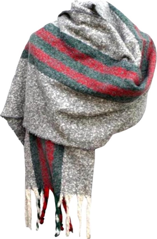 Lange Warme Sjaal - Dikke Kwaliteit - Grijs/Rood - Groen - 190 x 50cm