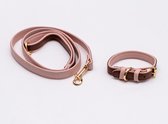 Halsband hond leer -  hondenriem leer - set - roze en bruin - halsband maat XS/S (24-32cm) - riem 120 cm