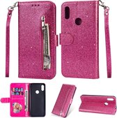 LuxeBass Hoesje geschikt voor Samsung Galaxy A10s Glitter Bookcase hoesje portemonnee met rits - Roze - telefoonhoes - gsm hoes - telefoonhoesjes