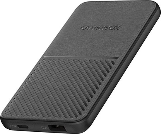 Zwarte OtterBox powerbank met geribbelde onderkant, weergave van 12W poorten.