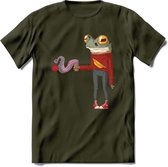 Casual koffie kikker T-Shirt Grappig | Dieren reptiel Kleding Kado Heren / Dames | Animal Skateboard Cadeau shirt - Leger Groen - S