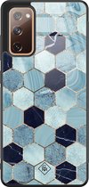 Samsung Galaxy S20 FE hoesje glas - Blue cubes - Blauw - Hard Case Zwart - Backcover telefoonhoesje - Marmer - Casimoda
