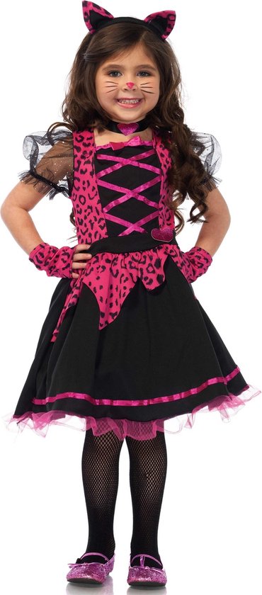 Wonderland - Poes & Kat Kostuum - Wonderland Rock-N-Roll Kitty - Meisje - Roze, Zwart - Small - Carnavalskleding - Verkleedkleding