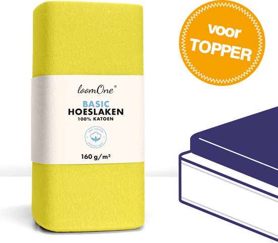 Loom One Hoeslaken Topper – 100% Jersey Katoen – 200x200 cm – tot 10cm matrasdikte– 160 g/m² – Geel