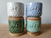 Bloempotjes - uiltjes - met schotel - wit, blauw, groen en lichtgroen - keramiek - set van 4 stuks - potmaat 5