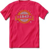 Premium Since 1947 T-Shirt | Goud - Zilver | Grappig Verjaardag Kleding Cadeau Shirt | Dames - Heren - Unisex Tshirt | - Roze - XXL