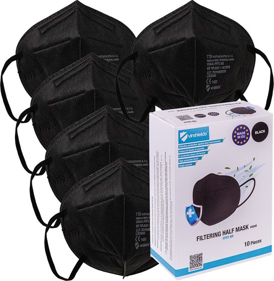 100 x Virshields® FFP2 gezichtsmasker – PFE 94%, EN 149: 2001 + A1: 2009, 5 lagen, 100 stuks, filterend, EU, Zwart