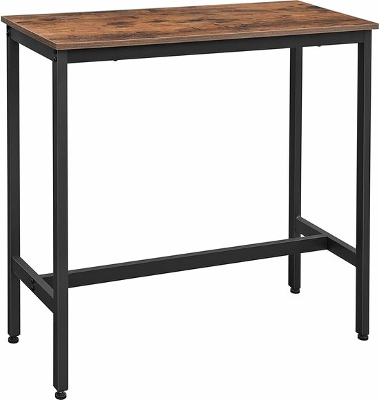 Smalle, hoge bartafel met bruin houten blad en zwart metalen frame.