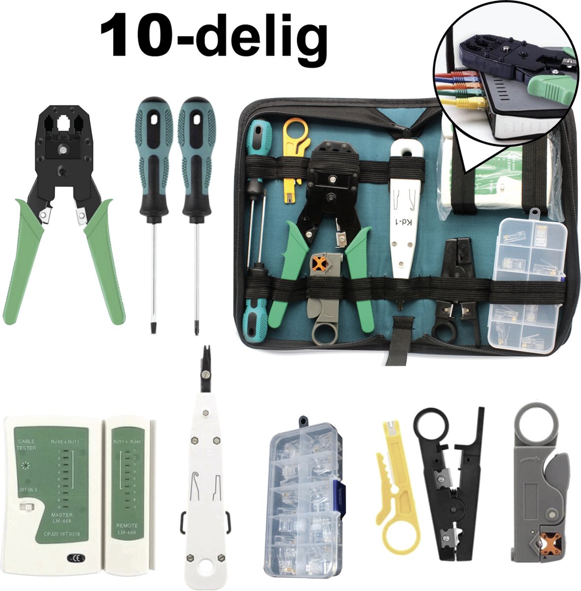 VoordeelShop 10-Delige Netwerk Tester Compleet Incl. Etui - UTP Tang - Kabeltester Met Krimptang & LSA tang - RJ45/RJ12/RJ11/Cat5/Cat5e/Cat6/UTP/LAN