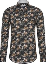 Heren overhemd Lange mouwen - MarshallDenim - Zwart met groen en beige bloemenprint- Slim fit met stretch - maat L