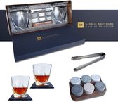 Luxe Whiskey Glazen Set - Geschenkset Savage Brothers - 6 Ronde Whiskeystones - 2 Leistenen onderzetters