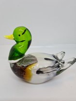 glassculptuur eend duck - 11 cm H- handgemaakt - kleur groen bruin
