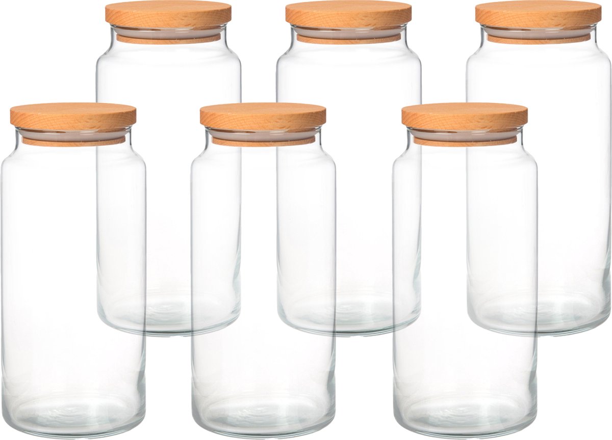 Joy Kitchen set glazen voorraadpotten 1400 cc | Set van 6 | houten luchtafsluitende ronde deksels | voorraadpotten glas met deksel | voorraadpotten glas | voorraadpot | keuken voorraad organizer | duurzame hersluitbare voorraadpotten