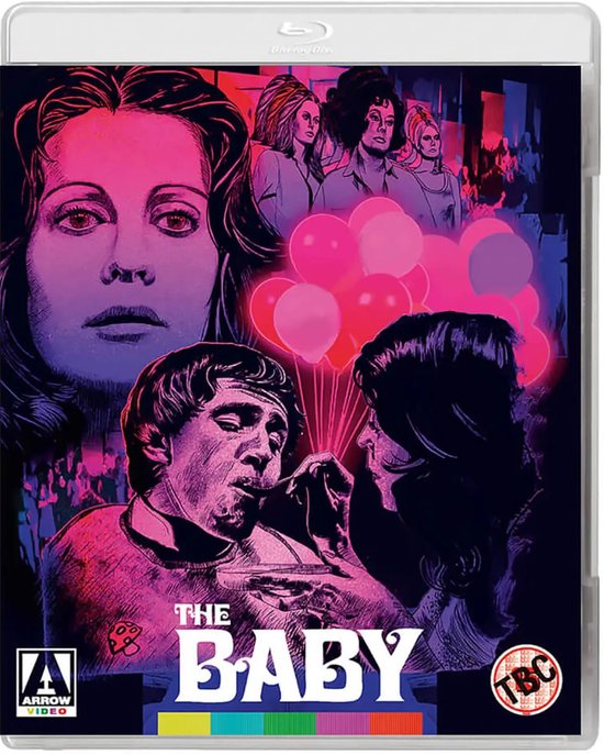 De Blu-ray hoes van The Baby toont een collage van gezichten en een stel, omringd door ballonnen in roze en paarse tinten. Met de titel 'The Baby'.