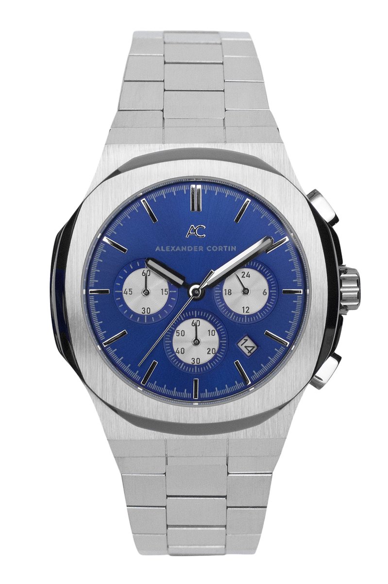 Alexander Cortin - "Audric" - Horloge heren - Quartz - Stalen Band - Zilver met Blauw - Waterdicht tot 5 Bar - Luxe Geschenkdoos - Horloges voor mannen - Ø 43 mm