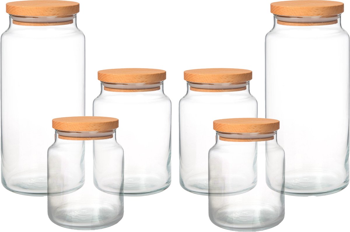 Joy Kitchen glazen voorraadpotten combinatie | Set van 6 potten | houten lucht afsluitende ronde deksels | voorraadpotten glas met deksel | voorraadpotten glas | voorraadpot | keuken voorraad organizer | duurzame hersluitbare voorraadpotten