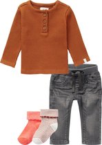 Noppies - Kledingset - Jeans Grey denim - Shirt Bruin - 2p sokken - Maat 68