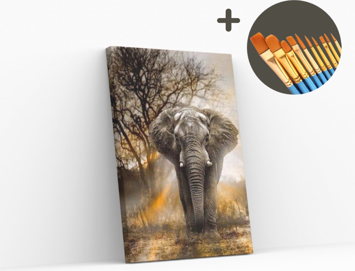 Schilderen op nummer - Machtige olifant - 40x50cm - Inclusief 10 Premium penselen