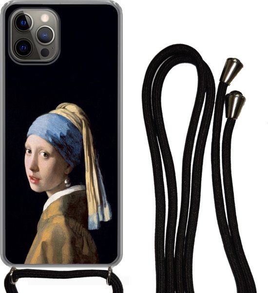 Telefoonkoord - Telefoonketting - Telefoonhoesje Geschikt voor iPhone 13 Pro Max - Meisje met de parel - Vermeer - Kunst - Siliconen - Crossbody - Telefoonhoesje met koord Telefoonhoesje