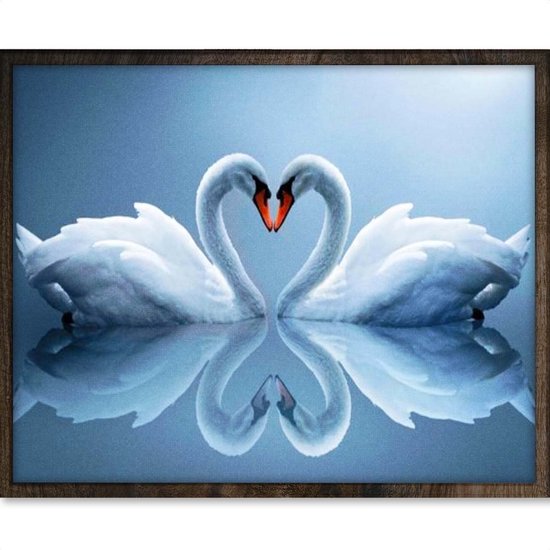 Une œuvre d'art encadrée de deux cygnes blancs formant un cœur avec leurs cous, avec leur reflet dans l'eau.