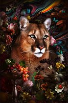 Glasschilderij - puma - kleurrijke bloemen - 80x120 cm - Wanddecoratie