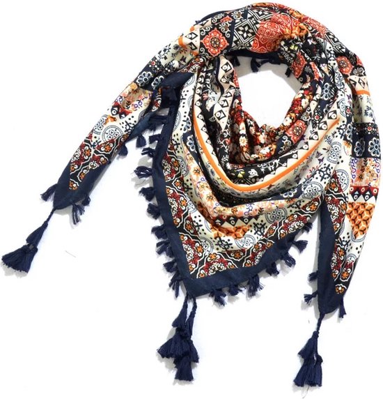 Emilie scarves - sjaal - bohemian - vierkant - franjes - donkerblauw - katoen blend