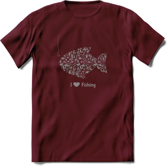 I Love Fishing - Vissen T-Shirt | Grijs | Grappig Verjaardag Vis Hobby Cadeau Shirt | Dames - Heren - Unisex | Tshirt Hengelsport Kleding Kado - Burgundy - M