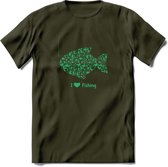 I Love Fishing - Vissen T-Shirt | Groen | Grappig Verjaardag Vis Hobby Cadeau Shirt | Dames - Heren - Unisex | Tshirt Hengelsport Kleding Kado - Leger Groen - S