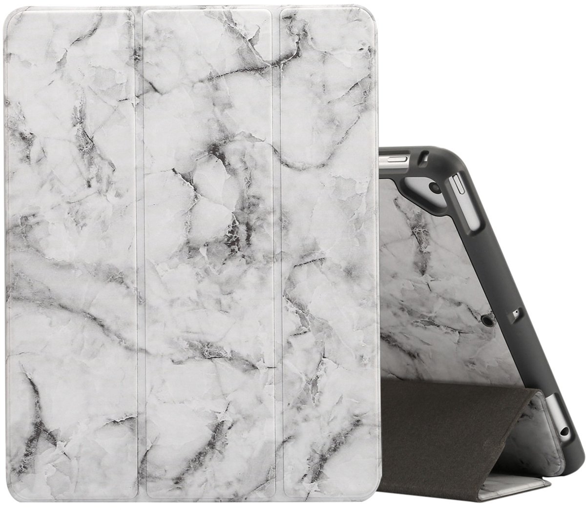 Mobigear Tablethoes geschikt voor Apple iPad 5 (2017) Hoes | Mobigear Tri-Fold Marble Bookcase + Stylus Houder - Grijs