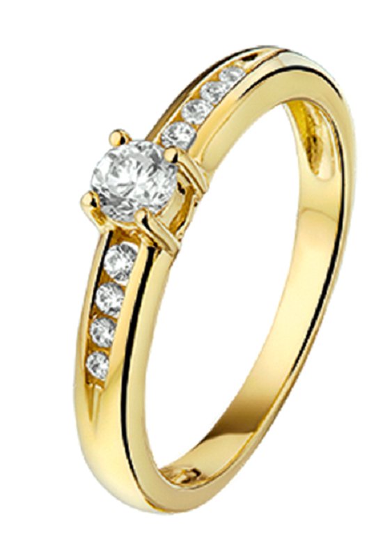 Schitterende 14 Karaat Geel Gouden Ring met Zirkonia's 17.50 mm. (maat 55) | Solitair | Aanzoeksring