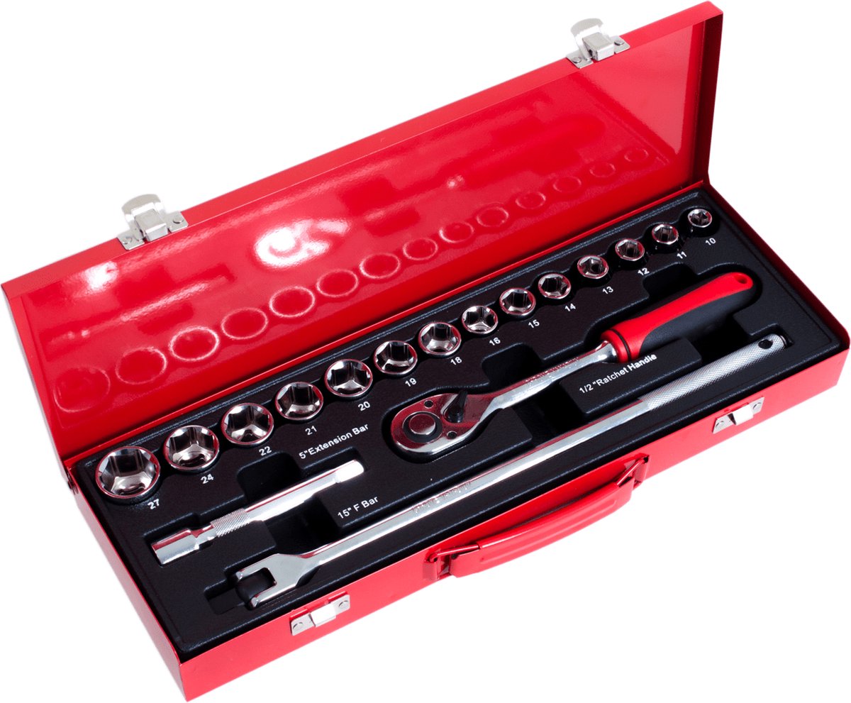 Doppenset 17-delig (½″) – 10–27 mm Doppen, Ratel, 5″ Verlengstuk & 15″ Wringijzer | Stevige Metalen Koffer – Compact & Professionele Uitvoering