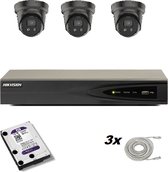 Hikvision set met 3 x Hikvision DS-2CD2386G2-I B 8mp 2.8mm AcuSense vaste turretcamera,1 x 4 kanaals DS-7604NI-K1/4P recorder, 1 x HD van 1 TB