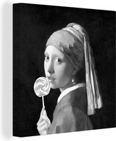 Canvas Schilderij Het meisje met de parel - Johannes Vermeer - Zwart - Wit - 20x20 cm - Wanddecoratie